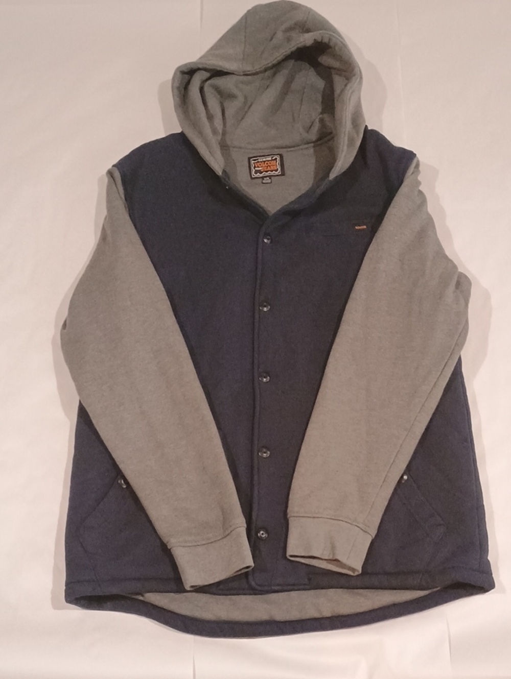 Vintage Y2k Volcom Men's Navy Body with Gray Sleeves Hooded Button Jacket Skate